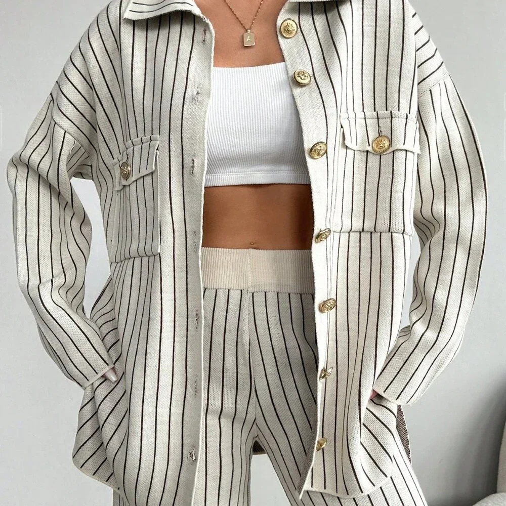 Apricot Casual Women's Striped Pattern Drop Shoulder Cardigan & Knit Pants - Picture 4 of 5